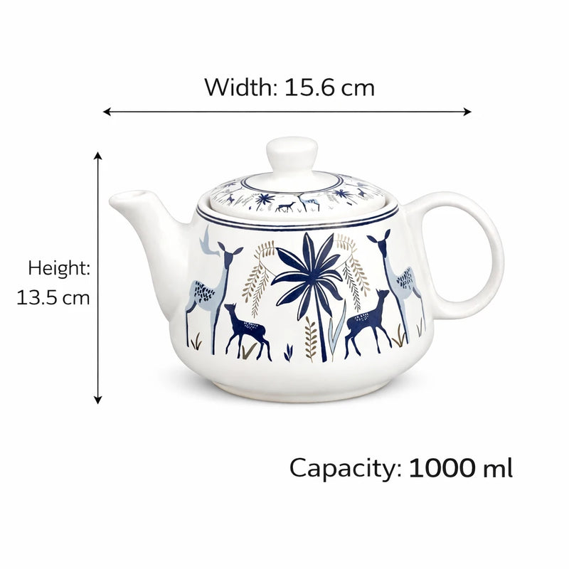 Ceramic Stag Blue Morning Tea Set - 6 Tea Cups, 1 Kettle