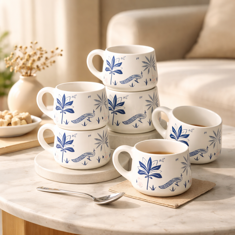 Blue Peafowl Ceramic Tea Cup Set of 6