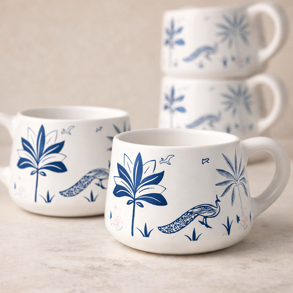 Blue Peafowl Ceramic Tea Cup Set of 6