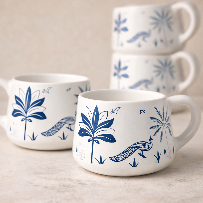 Blue Peafowl Ceramic Tea Cup Set of 6