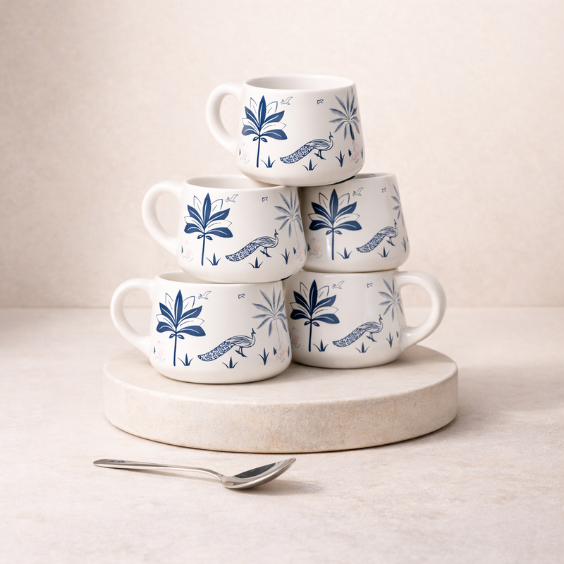 Blue Peafowl Ceramic Tea Cup Set of 6