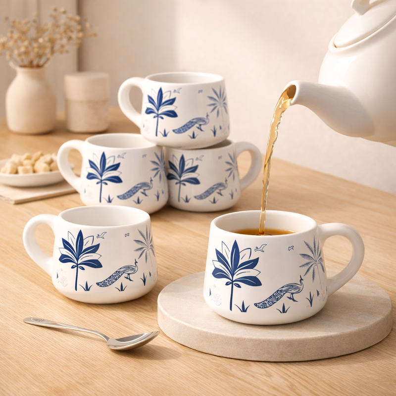 Blue Peafowl Ceramic Tea Cup Set of 6