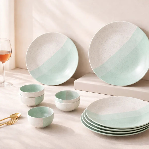 TT Green Matte Ceramic Dinner 6 Full Dinner Plates, 6 Vegetable Bowls Set of 12pcs