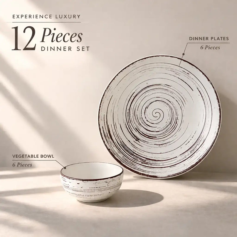 Brown Spiral Ceramic Dinner Set 12 Piece for Family of 6