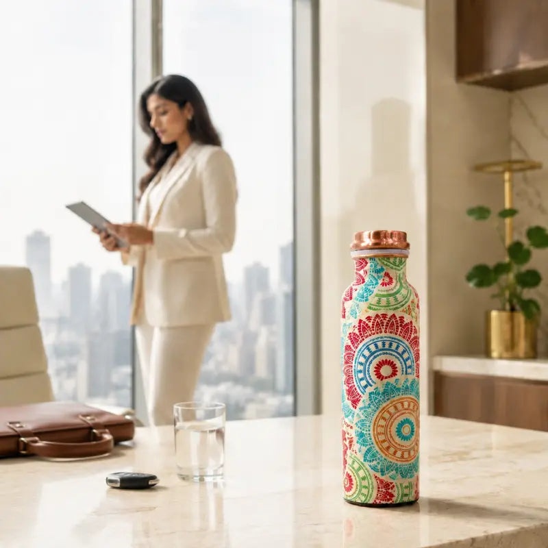 Ajrakh Bloom Copper Water Bottle | Folk Art Block Print | 900ml