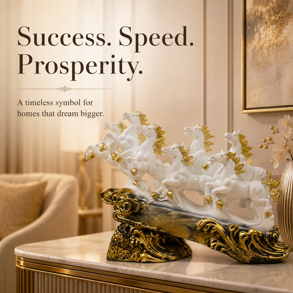Majestic White & Gold Galloping 7 Horse Sculpture