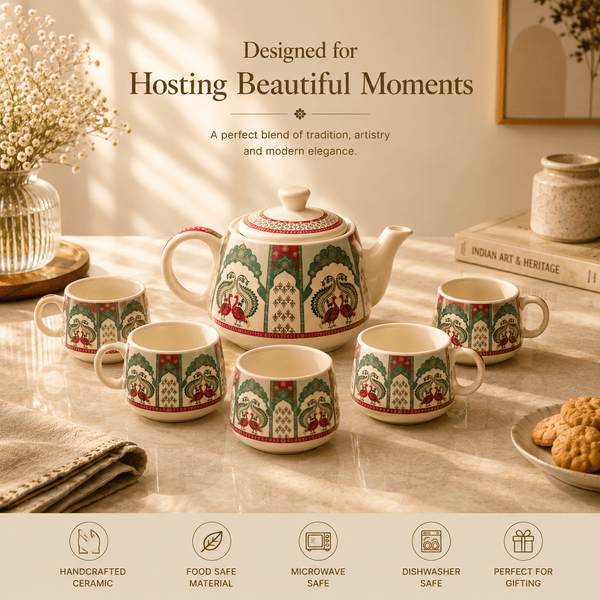 Peagal Ceramic Tea Set With 6 Cups and Kettle