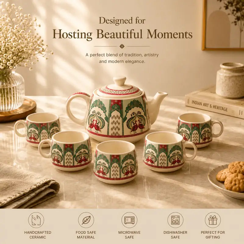 Peagal Ceramic Tea Set With 6 Cups and Kettle