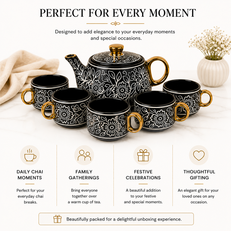 Black Artvine Ceramic Tea Set with Kettle & 6 Cups