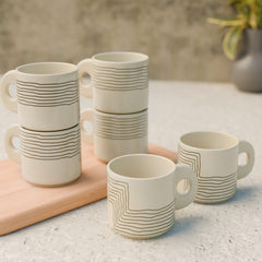 Cream Black Ziggy Ceramic Tea Cup Set of 6, 200 ML Each - The Earth Store - Cup Sets