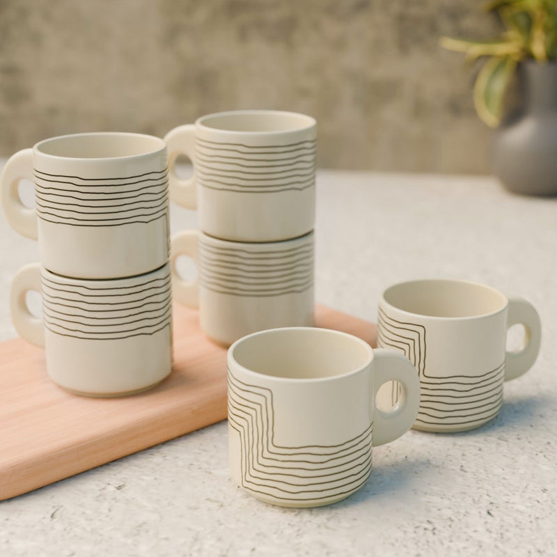 Cream Black Ziggy Ceramic Tea Cup Set of 6, 200 ML Each - The Earth Store - Cup Sets