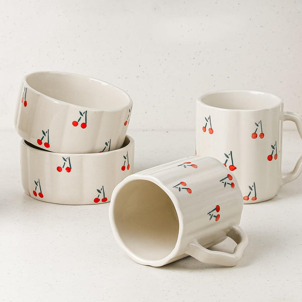 Cream Cherry Ceramic Bowl & Coffee Mug Combo