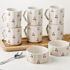 Cream Cherry Ceramic Bowl Set of 2 & Coffee Mug Set of 6