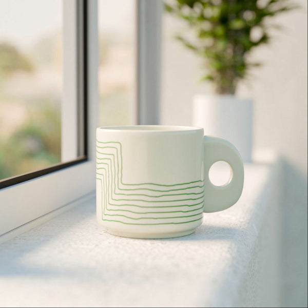 Cream Green Ziggy Ceramic Tea Cup Set of 6, 200 ML Each - The Earth Store - Tea Sets