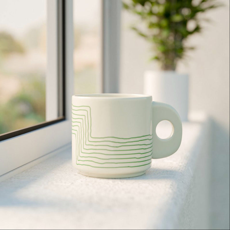 Cream Green Ziggy Ceramic Tea Cup Set of 6, 200 ML Each - The Earth Store - Tea Sets