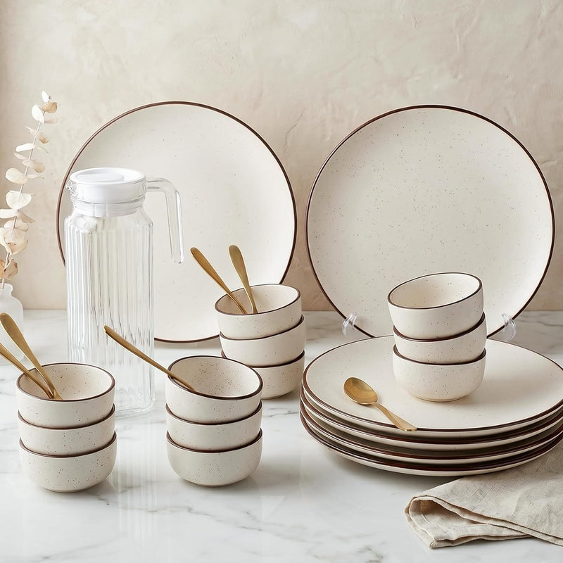 Creme Ceramic Dinner Set (25 Pieces) — Service for 6 with 6 Dinner Plates, 12 Bowls, 6 Spoons & 1 Jug