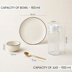 Creme Ceramic Dinner Set (25 Pieces) — Service for 6 with 6 Dinner Plates, 12 Bowls, 6 Spoons & 1 Jug
