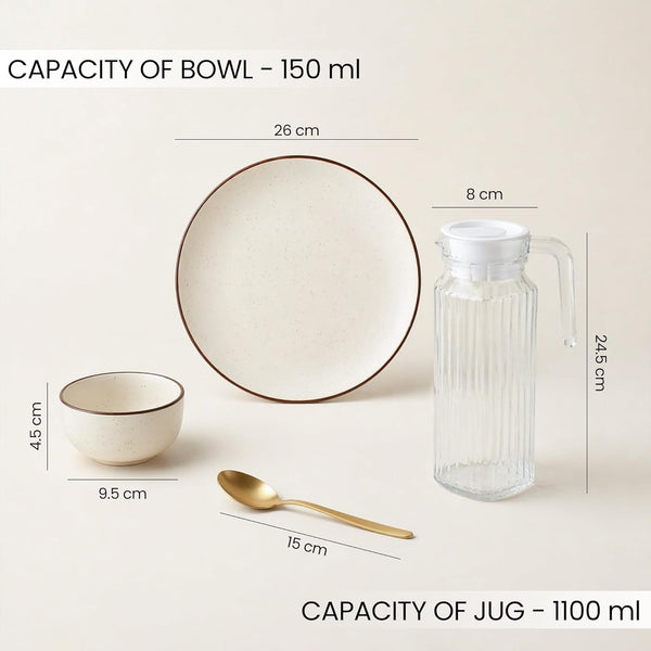Creme Ceramic Dinner Set (25 Pieces) — Service for 6 with 6 Dinner Plates, 12 Bowls, 6 Spoons & 1 Jug