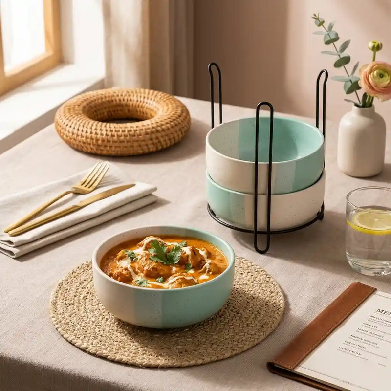 Tritone Green Ceramic Bowl Set of 4 with Metal Stand (500ml)