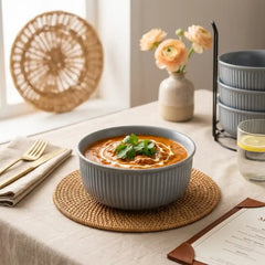 Fringe Grey Ceramic Bowl Set of 4 with Metal Stand