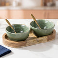 Sage Green Ceramic Bowl Serving Set 2 Bowls, 1 Tray, and 2 Spoon