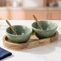 Sage Green Ceramic Bowl Serving Set 2 Bowls, 1 Tray, and 2 Spoon