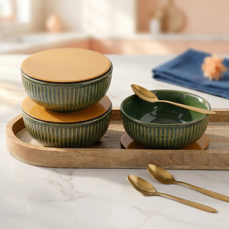 Glam Green Ceramic Bowl Serving Set 3 Bowls, 1 Tray, 3 Spoon and 3 Coaster