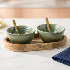 Sage Green Ceramic Bowl Serving Set 2 Bowls, 1 Tray, and 2 Spoon