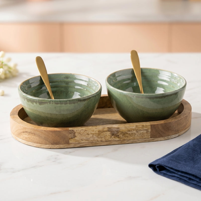 Sage Green Ceramic Bowl Serving Set 2 Bowls, 1 Tray, and 2 Spoon