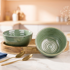 Sage Green Ceramic Bowl Serving Set 2 Bowls, 1 Tray, and 2 Spoon