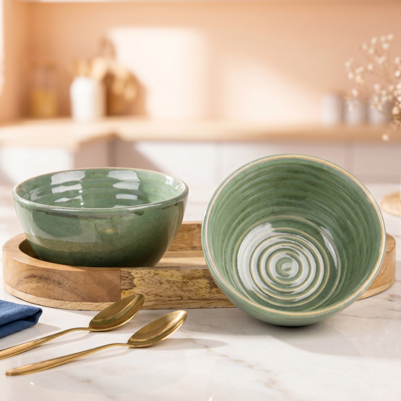 Sage Green Ceramic Bowl Serving Set 2 Bowls, 1 Tray, and 2 Spoon