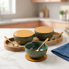 Glam Green Ceramic Bowl Serving Set 3 Bowls, 1 Tray, 3 Spoon and 3 Coaster