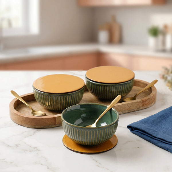 Glam Green Ceramic Bowl Serving Set 3 Bowls, 1 Tray, 3 Spoon and 3 Coaster