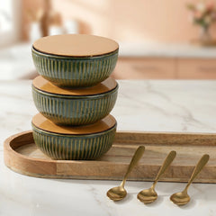 Glam Green Ceramic Bowl Serving Set 3 Bowls, 1 Tray, 3 Spoon and 3 Coaster