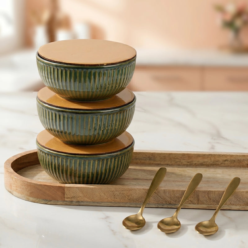 Glam Green Ceramic Bowl Serving Set 3 Bowls, 1 Tray, 3 Spoon and 3 Coaster
