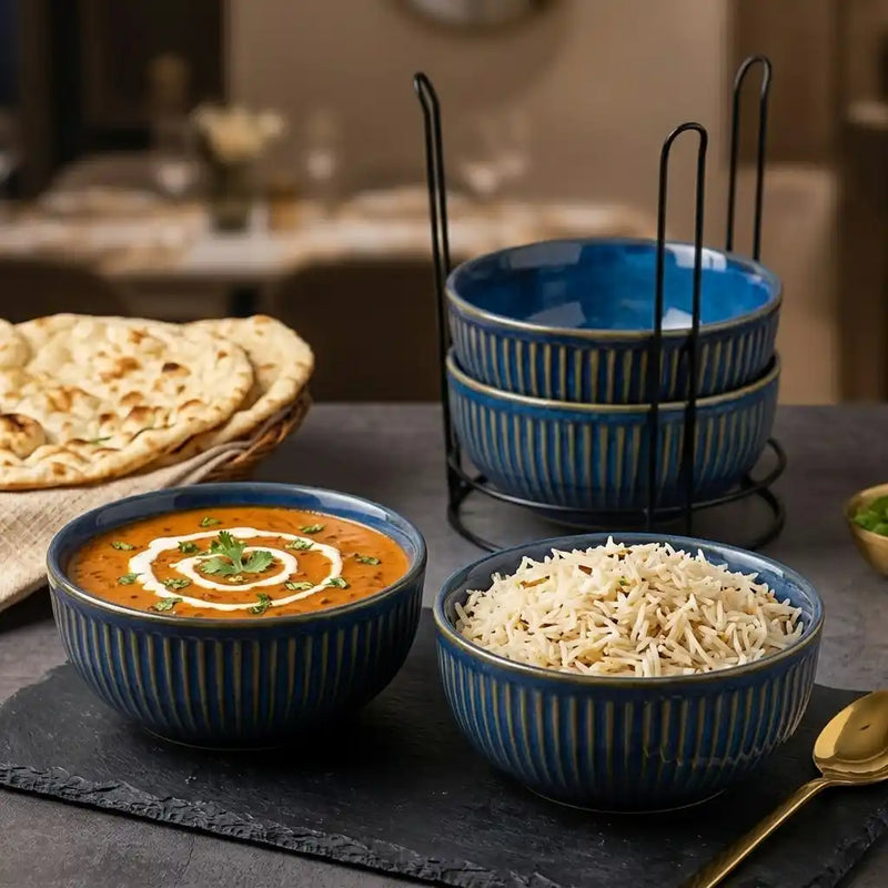 Glam Blue Ceramic Bowl Set of 4 with Stand