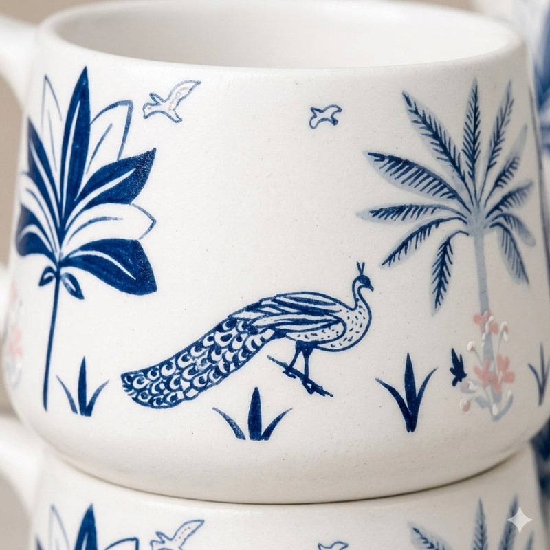 Blue Peafowl Ceramic Tea Cup Set of 6