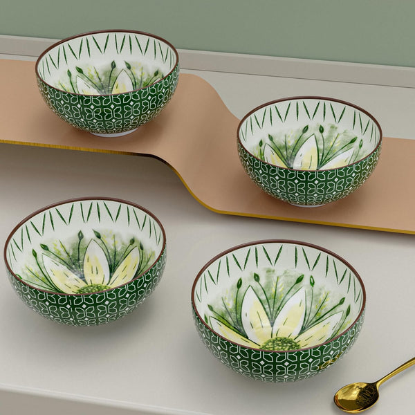 Green Flower Printed Bowl Set of 4, 330 ML