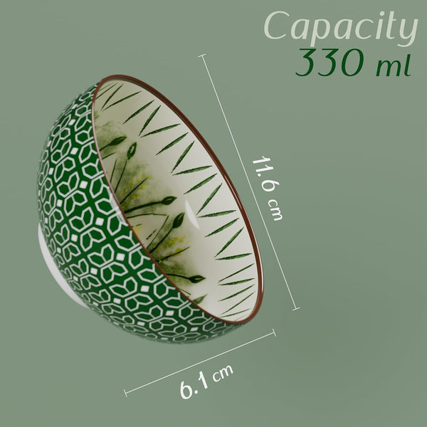 Green Flower Printed Bowl Set of 4, 330 ML