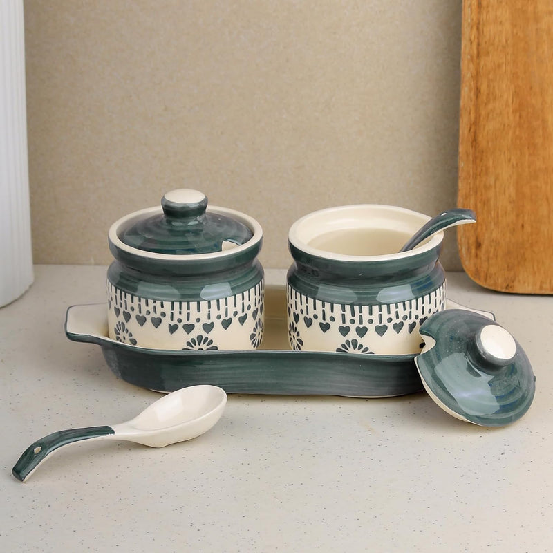 Grey Drape Ceramic Pickle Jar with Tray and Spoon 250ML - The Earth Store - Multipurpose Jars