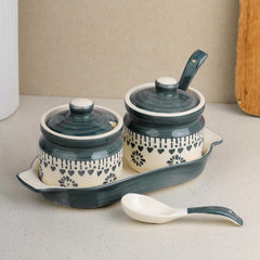 Grey Drape Ceramic Pickle Jar with Tray and Spoon 250ML - The Earth Store - Multipurpose Jars