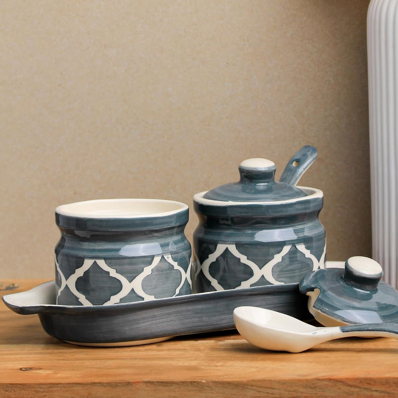 Grey Moroccan Ceramic Pickle Jar with Tray and Spoon - The Earth Store - Multipurpose Jars