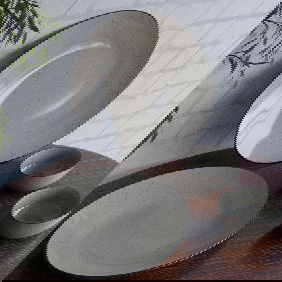 Handcrafted Glossy Grey Ceramic Dinner Plate with Serving Bowl