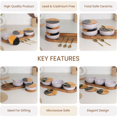 Solid Lavender Ceramic Bowls Serving Set – 3 Bowls, 3 Coaster, 3 Spoon and 1 Tray