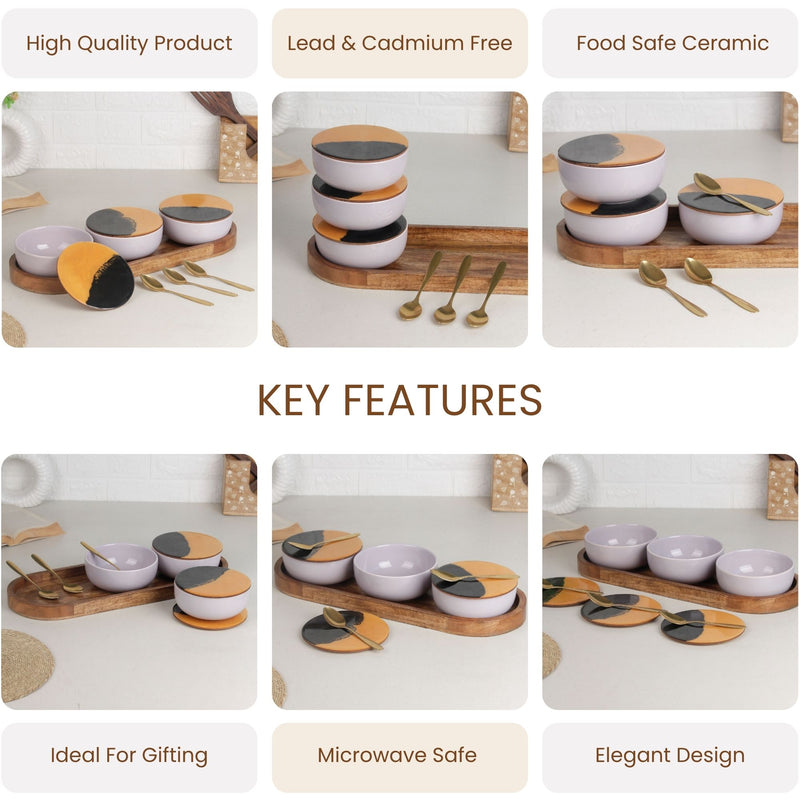 Solid Lavender Ceramic Bowls Serving Set – 3 Bowls, 3 Coaster, 3 Spoon and 1 Tray