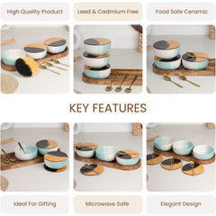 TT Green Matte Ceramic Bowl Serving Set 3 Bowls, 1 Tray, 3 Spoon and 3 Coaster
