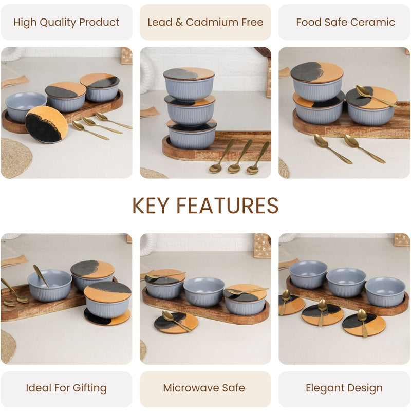 Grey Fringe Ceramic Bowl Serving Set 3 Bowls, 1 Tray, 3 Spoon and 3 Coaster