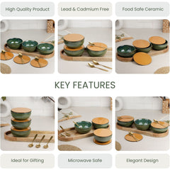 Glam Green Ceramic Bowl Serving Set 3 Bowls, 1 Tray, 3 Spoon and 3 Coaster