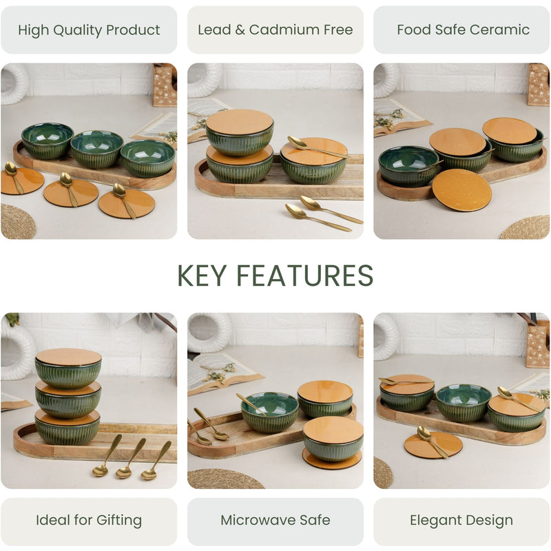 Glam Green Ceramic Bowl Serving Set 3 Bowls, 1 Tray, 3 Spoon and 3 Coaster