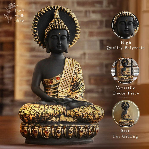 Majestic Meditating Buddha Statue Black Orange - The Earth Store - home decor